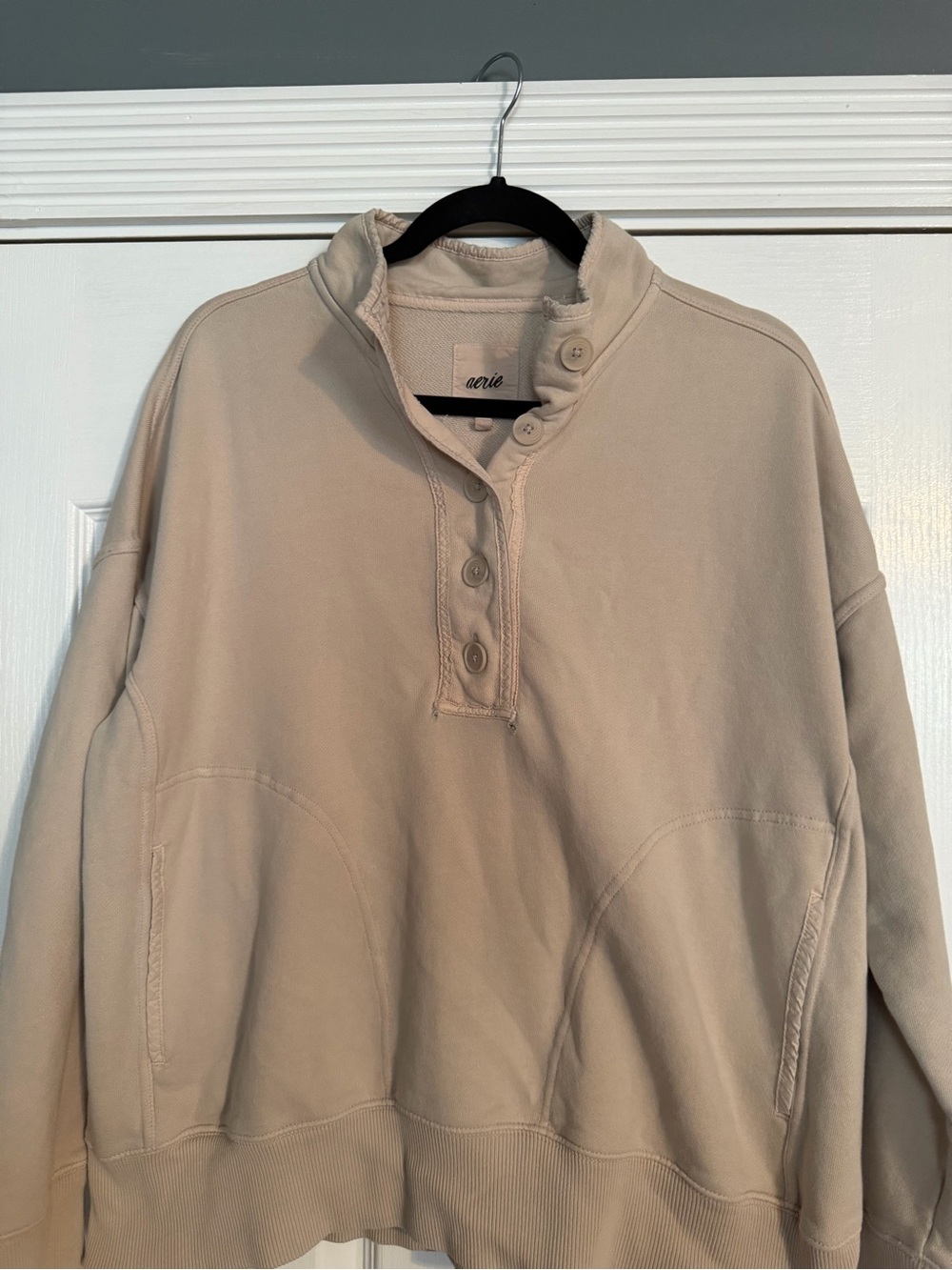 aerie Beige Button Mock Neck Pullover Sweater